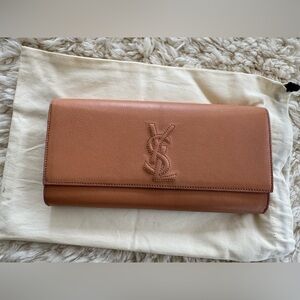 Saint Laurent Brown Leather Clutch with Embossed YSL